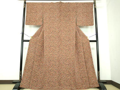 平和屋着物●上質な小紋　型染　格子花文　茶器　鬼しぼ縮緬　正絹　逸品　DABE5840ps