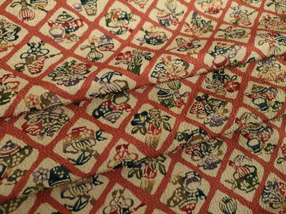 平和屋着物●上質な小紋　型染　格子花文　茶器　鬼しぼ縮緬　正絹　逸品　DABE5840ps