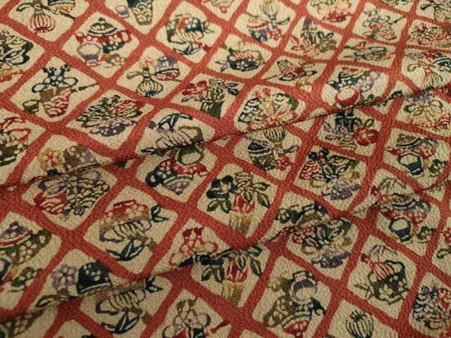 平和屋着物●上質な小紋　型染　格子花文　茶器　鬼しぼ縮緬　正絹　逸品　DABE5840ps