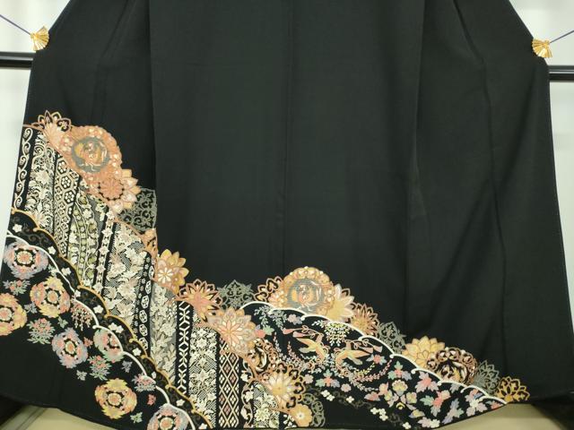 平和屋着物●豪華黒留袖　駒刺繍　鳳凰花丸文　金彩　正絹　逸品　DABE5846ps