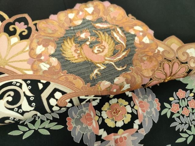 平和屋着物●豪華黒留袖　駒刺繍　鳳凰花丸文　金彩　正絹　逸品　DABE5846ps