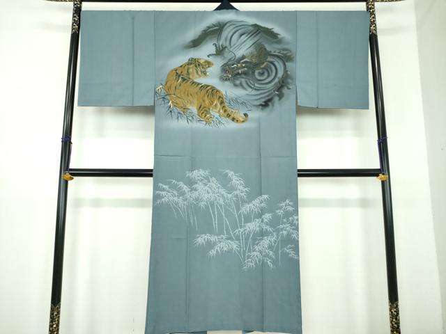 平和屋着物●男性　長襦袢　無双仕立て　手描き　龍虎　笹竹文　金彩　鬼しぼ縮緬　正絹　逸品　未使用　DABE5864ps