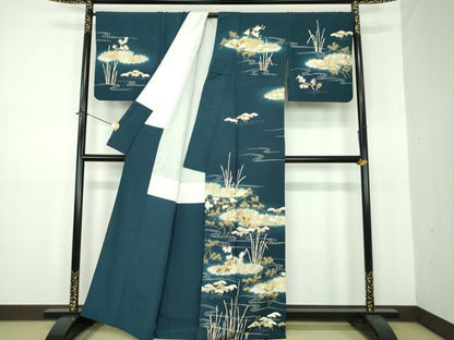 平和屋着物●訪問着　駒刺繍　雲取り渡橋風景花文　金彩　正絹　逸品　DABE5868ps