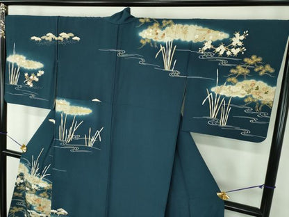 平和屋着物●訪問着　駒刺繍　雲取り渡橋風景花文　金彩　正絹　逸品　DABE5868ps