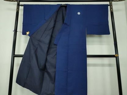 平和屋着物●男性　色紋付　羽織セット　菱地紋　紺地　正絹　逸品　DABE5876ps
