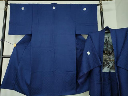 平和屋着物●男性　色紋付　羽織セット　菱地紋　紺地　正絹　逸品　DABE5876ps