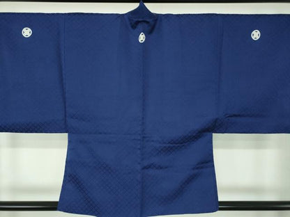 平和屋着物●男性　色紋付　羽織セット　菱地紋　紺地　正絹　逸品　DABE5876ps