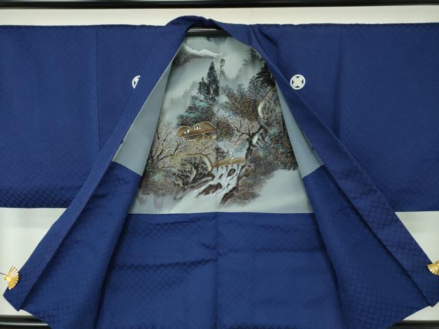 平和屋着物●男性　色紋付　羽織セット　菱地紋　紺地　正絹　逸品　DABE5876ps