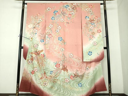 平和屋着物●世界的ファッションデザイナー 山本寛斎 kansaiブランド 振袖 駒刺繍 流水鳳凰舞桜 暈し染め 金銀彩 正絹 逸品 DABE5881ps