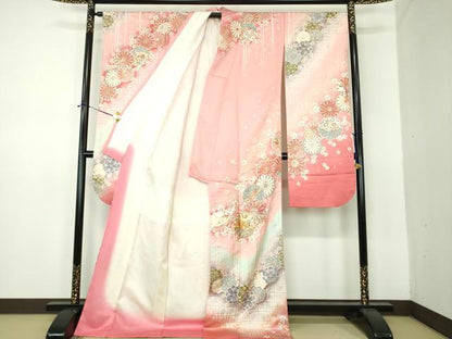 平和屋着物●松本幸四郎　振袖　駒刺繍　舞桜　菊文　暈し染め　金銀彩　正絹　逸品　DABE5885ps