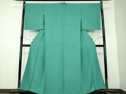 平和屋着物●上質な色無地　背抜き仕立て　青緑色　正絹　逸品　DABE5886ps
