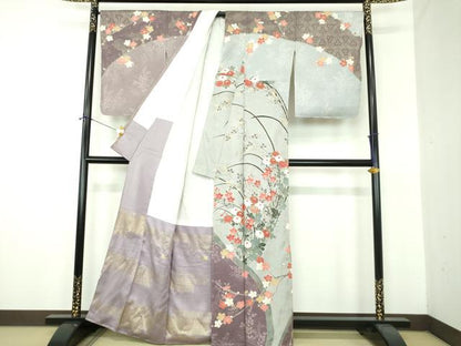 平和屋着物●英王室献上友禅作家　木下勝功　訪問着　駒刺繍　枝梅　菊文　金彩　正絹　逸品　未使用　DABE5927ps