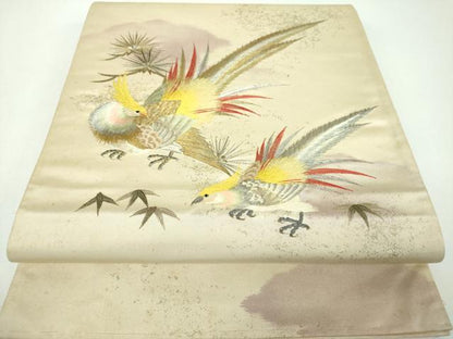 平和屋着物▼太鼓柄袋帯　総手刺繍　尾長鳥　金銀糸　正絹　逸品　DABE5958ps