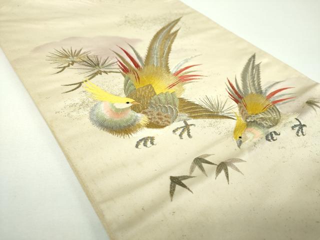 平和屋着物▼太鼓柄袋帯　総手刺繍　尾長鳥　金銀糸　正絹　逸品　DABE5958ps