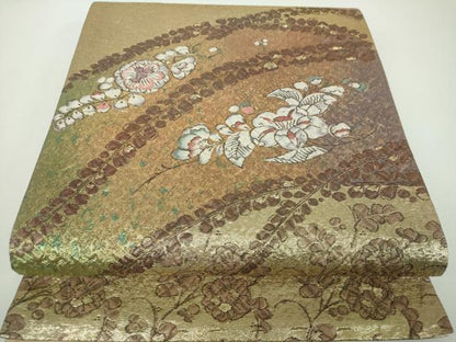平和屋着物▼六通柄袋帯　ふくれ織　辻が花　金糸　正絹　逸品　DABE5970ps