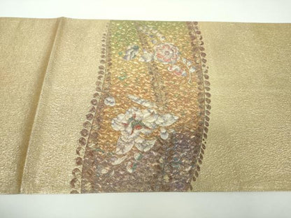 平和屋着物▼六通柄袋帯　ふくれ織　辻が花　金糸　正絹　逸品　DABE5970ps