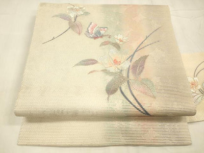 平和屋着物＊夏物 九寸名古屋帯 刺繍 花蝶文 銀彩 正絹 逸品 DABE6009cm