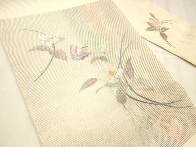 平和屋着物＊夏物 九寸名古屋帯 刺繍 花蝶文 銀彩 正絹
