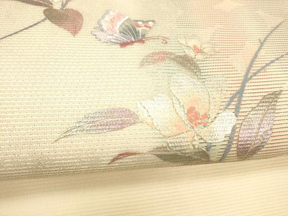 平和屋着物＊夏物 九寸名古屋帯 刺繍 花蝶文 銀彩 正絹 逸品 DABE6009cm