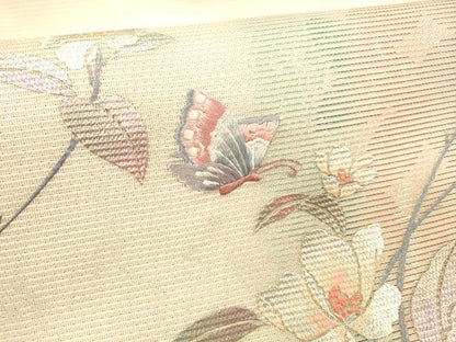 平和屋着物＊夏物 九寸名古屋帯 刺繍 花蝶文 銀彩 正絹 逸品 DABE6009cm