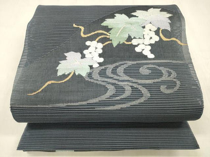 平和屋着物＊夏物　絽綴れ　八寸名古屋帯　流水葡萄蔦の葉文　金銀糸　正絹　逸品　DABE6011cm