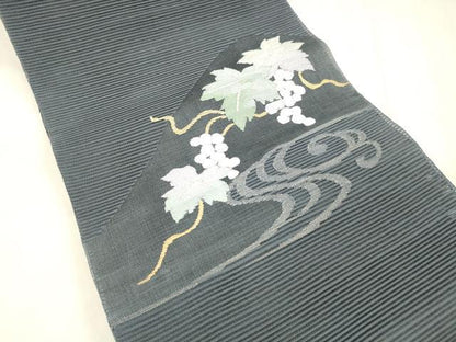 平和屋着物＊夏物　絽綴れ　八寸名古屋帯　流水葡萄蔦の葉文　金銀糸　正絹　逸品　DABE6011cm