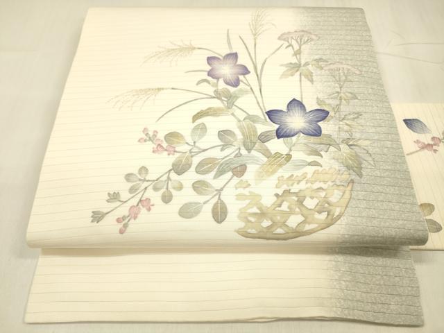 平和屋着物＊夏物 絽塩瀬 九寸名古屋帯 作家物 手描き 籠花文 正絹 逸品 DABE6013cm