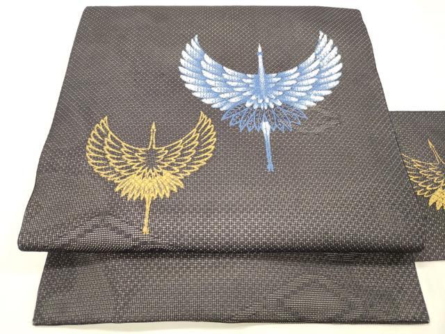 平和屋着物＊夏物 九寸名古屋帯 飛鶴文 黒地 金彩 正絹 逸品 DABE6015cm
