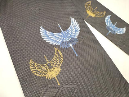 平和屋着物＊夏物 九寸名古屋帯 飛鶴文 黒地 金彩 正絹 逸品 DABE6015cm