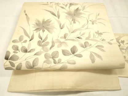 平和屋着物＊夏物 絹芭蕉 九寸名古屋帯 手描き 草花文 銀彩 正絹 逸品 DABE6019cm