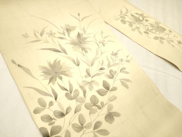 平和屋着物＊夏物 絹芭蕉 九寸名古屋帯 手描き 草花文 銀彩 正絹 逸品 DABE6019cm