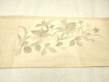 平和屋着物＊夏物 絹芭蕉 九寸名古屋帯 手描き 草花文 銀彩 正絹 逸品 DABE6019cm