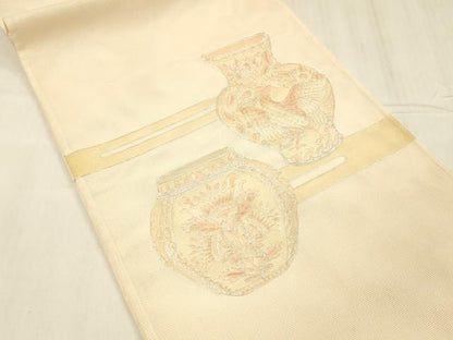 平和屋着物＊夏物 太鼓柄袋帯 駒刺繍 器物花鳥文 正絹 逸品 DABE6049cm