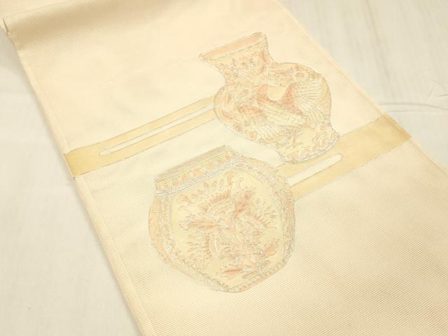 平和屋着物＊夏物 太鼓柄袋帯 駒刺繍 器物花鳥文 正絹 逸品 DABE6049cm