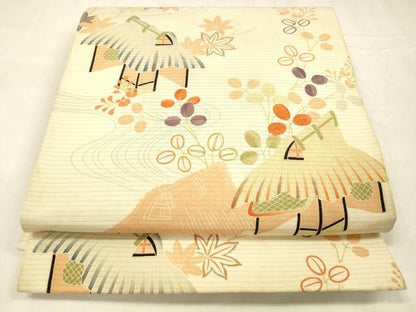 平和屋着物＊夏物 アンティーク 大正ロマン 両面 全通柄 京袋帯 駒刺繍 風景文 蜻蛉草葉文 正絹 逸品 DABE6052cm