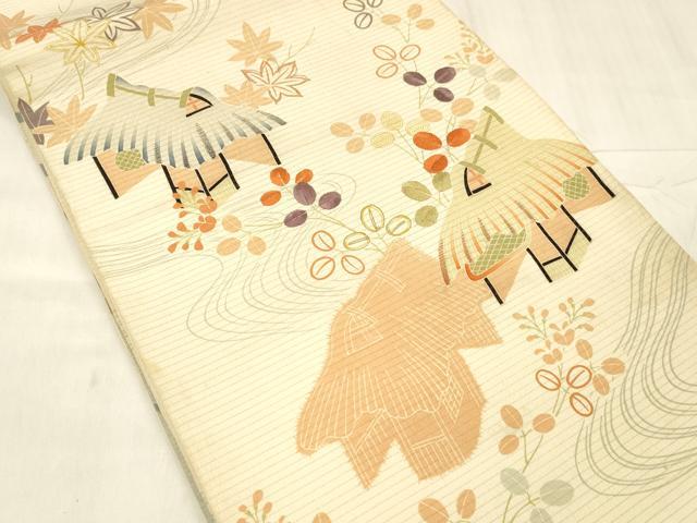 平和屋着物＊夏物 アンティーク 大正ロマン 両面 全通柄 京袋帯 駒刺繍 風景文 蜻蛉草葉文 正絹 逸品 DABE6052cm