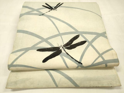 平和屋着物＊夏物 アンティーク 大正ロマン 両面 全通柄 京袋帯 駒刺繍 風景文 蜻蛉草葉文 正絹 逸品 DABE6052cm