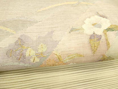 平和屋着物＊夏物 絽綴れ 太鼓柄袋帯 草花文 金銀糸 正絹 逸品 DABE6053cm