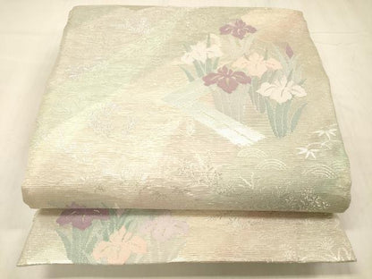平和屋着物＊夏物 六通柄袋帯 流水杜若 銀糸 正絹 逸品 DABE6059cm