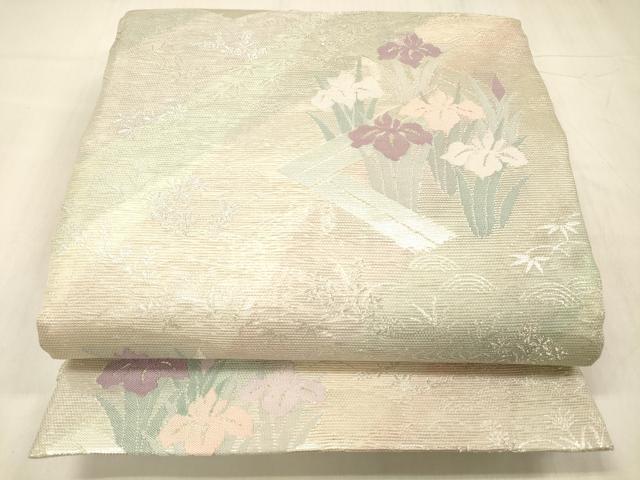 平和屋着物＊夏物 六通柄袋帯 流水杜若 銀糸 正絹 逸品 DABE6059cm