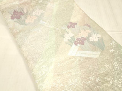 平和屋着物＊夏物 六通柄袋帯 流水杜若 銀糸 正絹 逸品 DABE6059cm