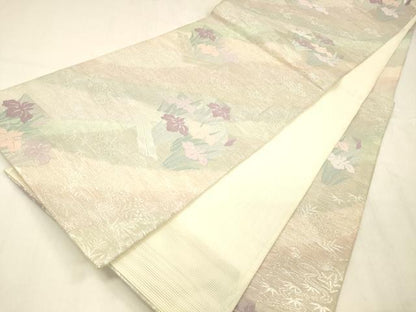 平和屋着物＊夏物 六通柄袋帯 流水杜若 銀糸 正絹 逸品 DABE6059cm