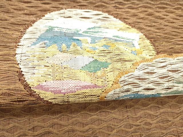 平和屋着物▽太鼓柄袋帯 スリーシーズン 春夏秋 すくい織 風景文 正絹 逸品 DABE6063cm