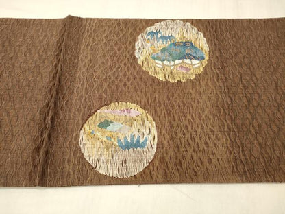 平和屋着物▽太鼓柄袋帯 スリーシーズン 春夏秋 すくい織 風景文 正絹 逸品 DABE6063cm
