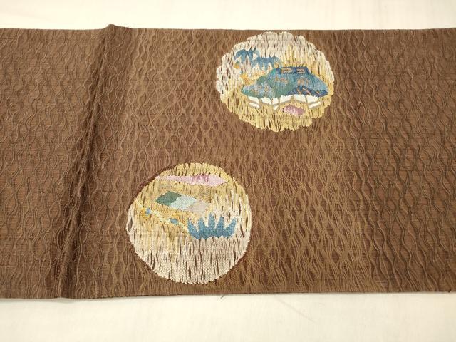 平和屋着物▽太鼓柄袋帯 スリーシーズン 春夏秋 すくい織 風景文 正絹 逸品 DABE6063cm