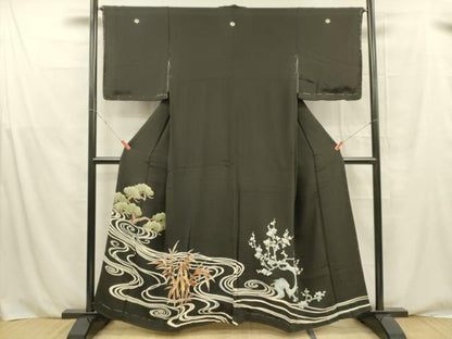 平和屋着物■中国三大刺繍　相良刺繍　黒留袖　松竹梅　金糸　正絹　逸品　DABE6068cm