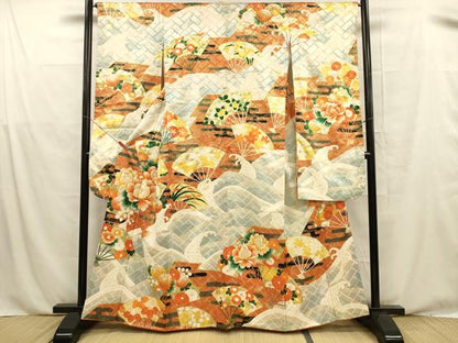 平和屋着物■豪華振袖　駒刺繍　扇面草花文　金彩　正絹　逸品　DABE6078cm