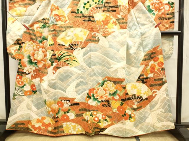 平和屋着物■豪華振袖　駒刺繍　扇面草花文　金彩　正絹　逸品　DABE6078cm