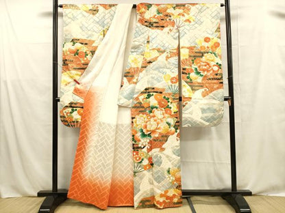 平和屋着物■豪華振袖　駒刺繍　扇面草花文　金彩　正絹　逸品　DABE6078cm