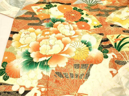 平和屋着物■豪華振袖　駒刺繍　扇面草花文　金彩　正絹　逸品　DABE6078cm